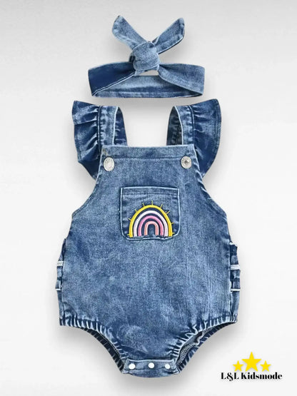 Denim baby romper met een haarband. - L&L kidsmode