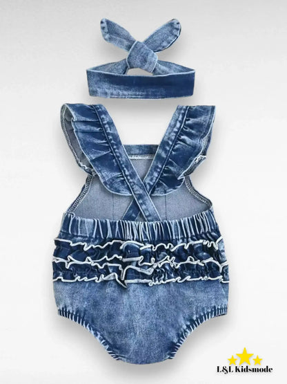 Denim baby romper met een haarband. - L&L kidsmode